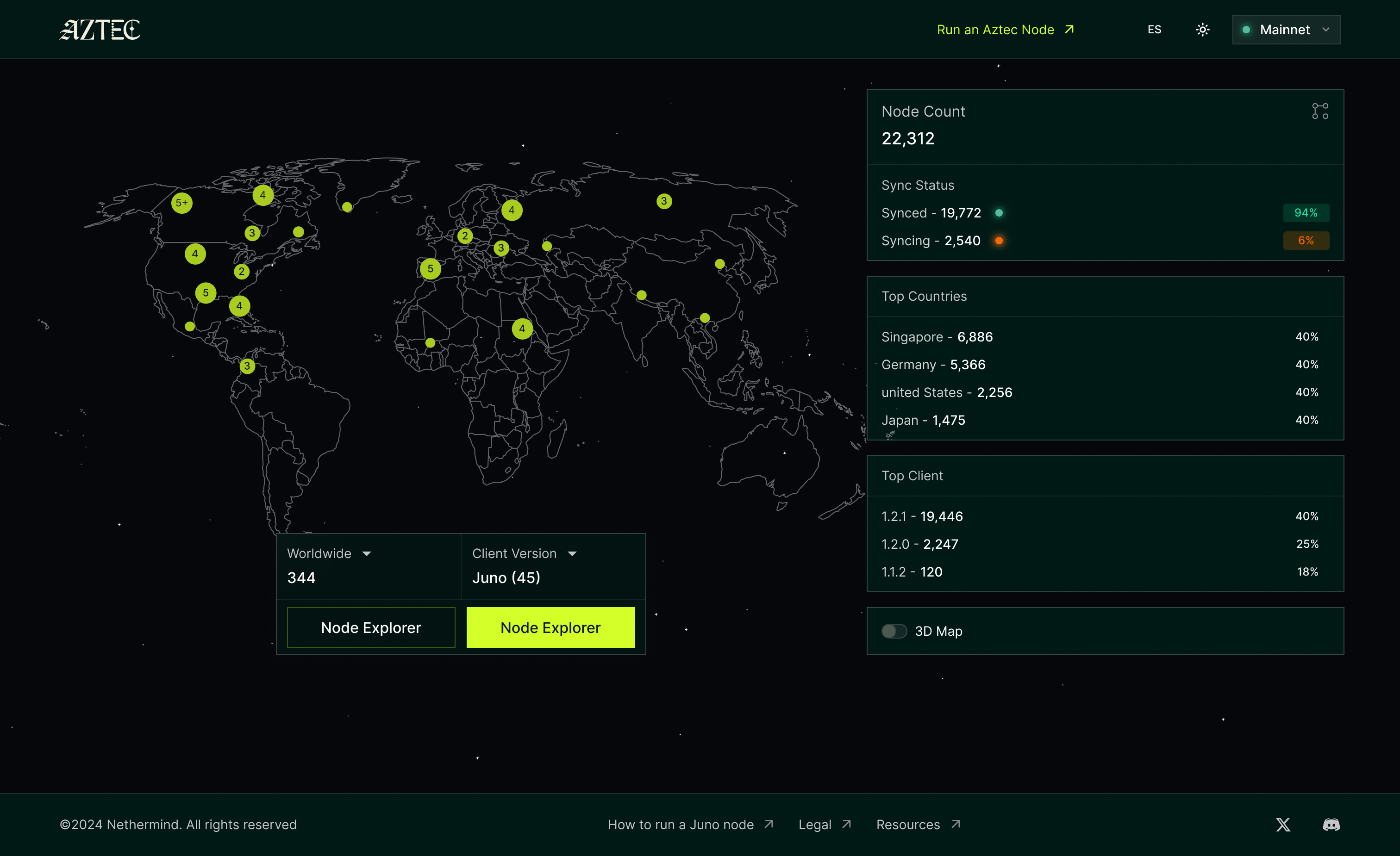 Hi-fi 2D world map with node clusters and stats panel