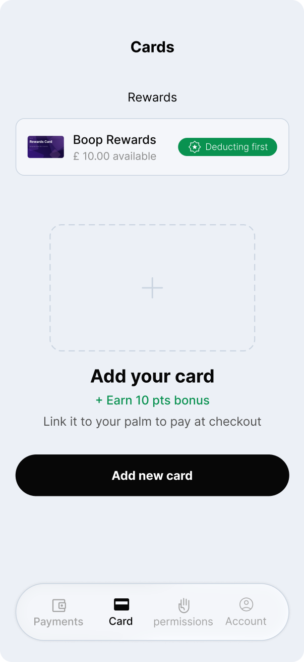 Cards tab — empty state, add card prompt